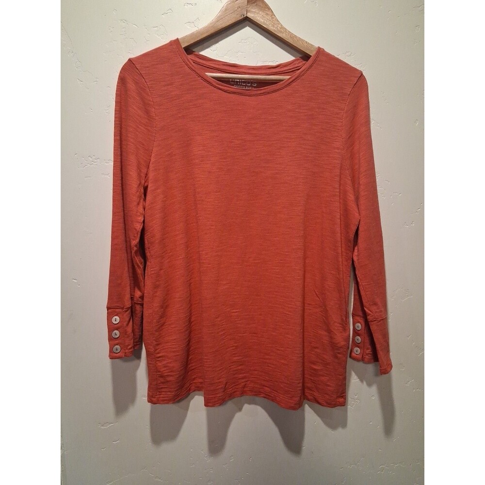 Chico's Women's Sz 1 (M) Red Slub Knit Long Sleeve T-Shirt Button-Cuff Detail